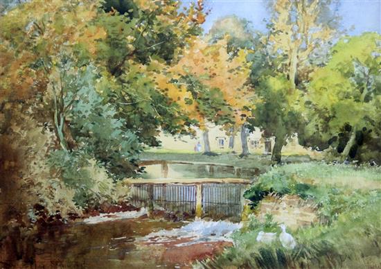 Henry Sylvester Stannard (1870-1951) Church in a landscape and Weir beneath trees 10.5 x 14.75in.